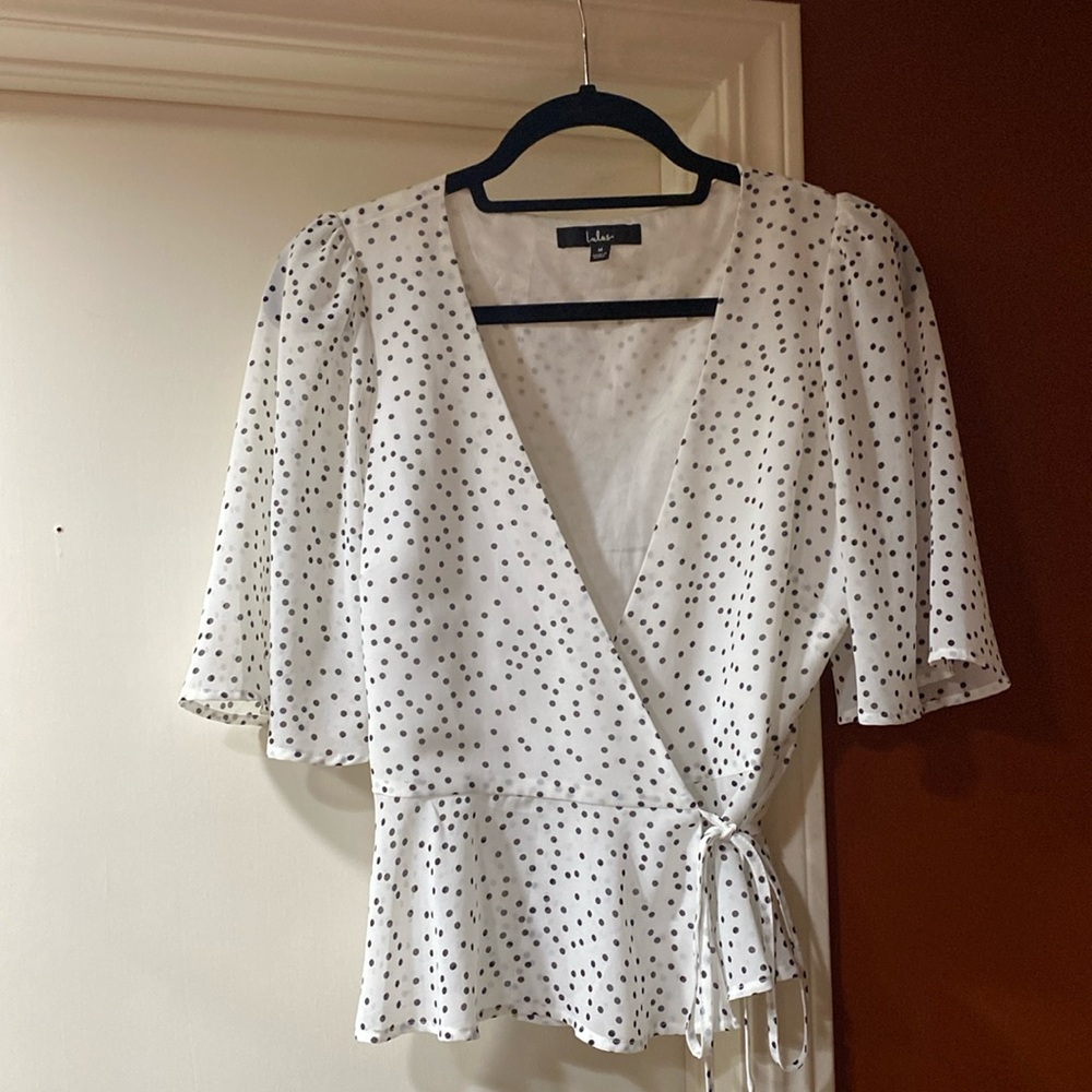 White Polka Dot wrap Lulus Blouse